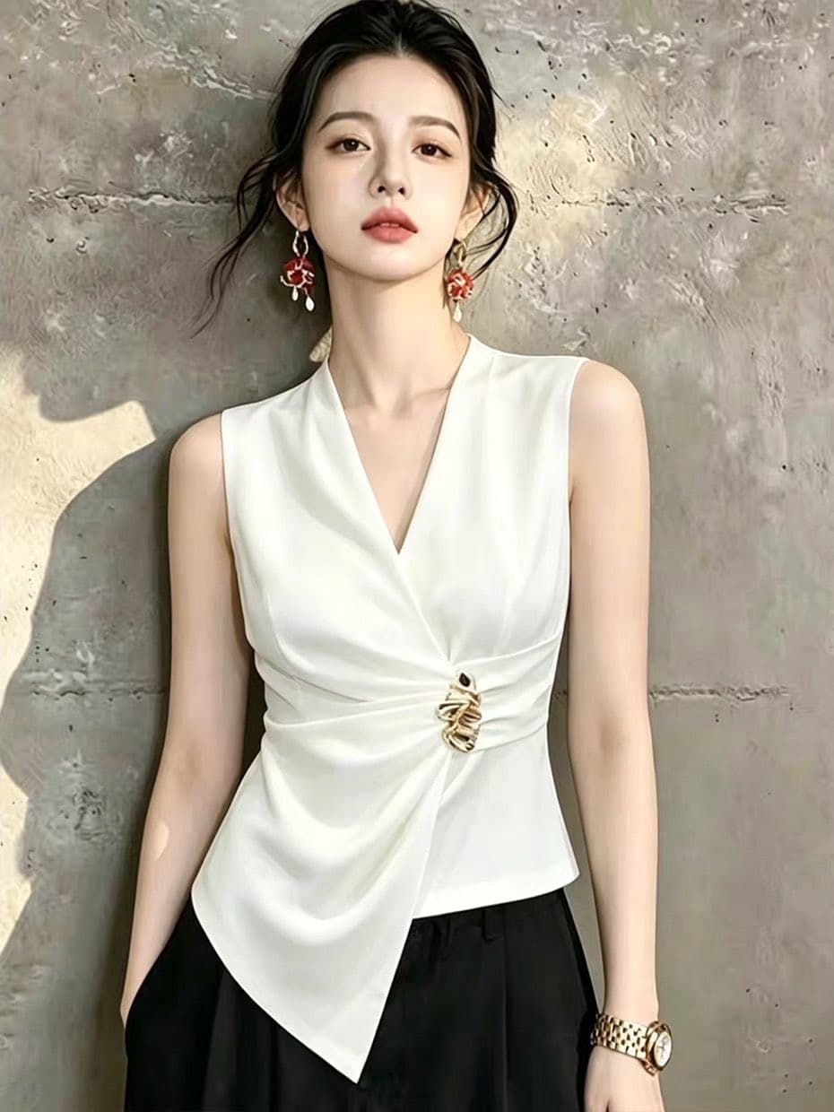 우아함 화이트 민소매 V넥 맨위 허리 주름 디자인 슬림해 보이는 출퇴근 착용 가져 가라. 싱글 제품 상세 이미지 4