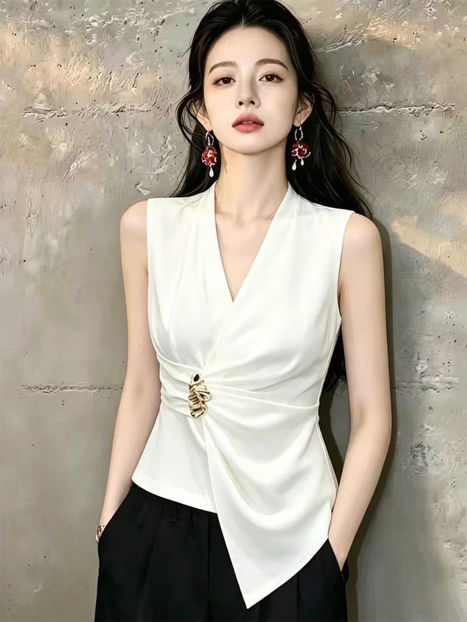 우아함 화이트 민소매 V넥 맨위 허리 주름 디자인 슬림해 보이는 출퇴근 착용 가져 가라. 싱글 제품 상세 이미지 5
