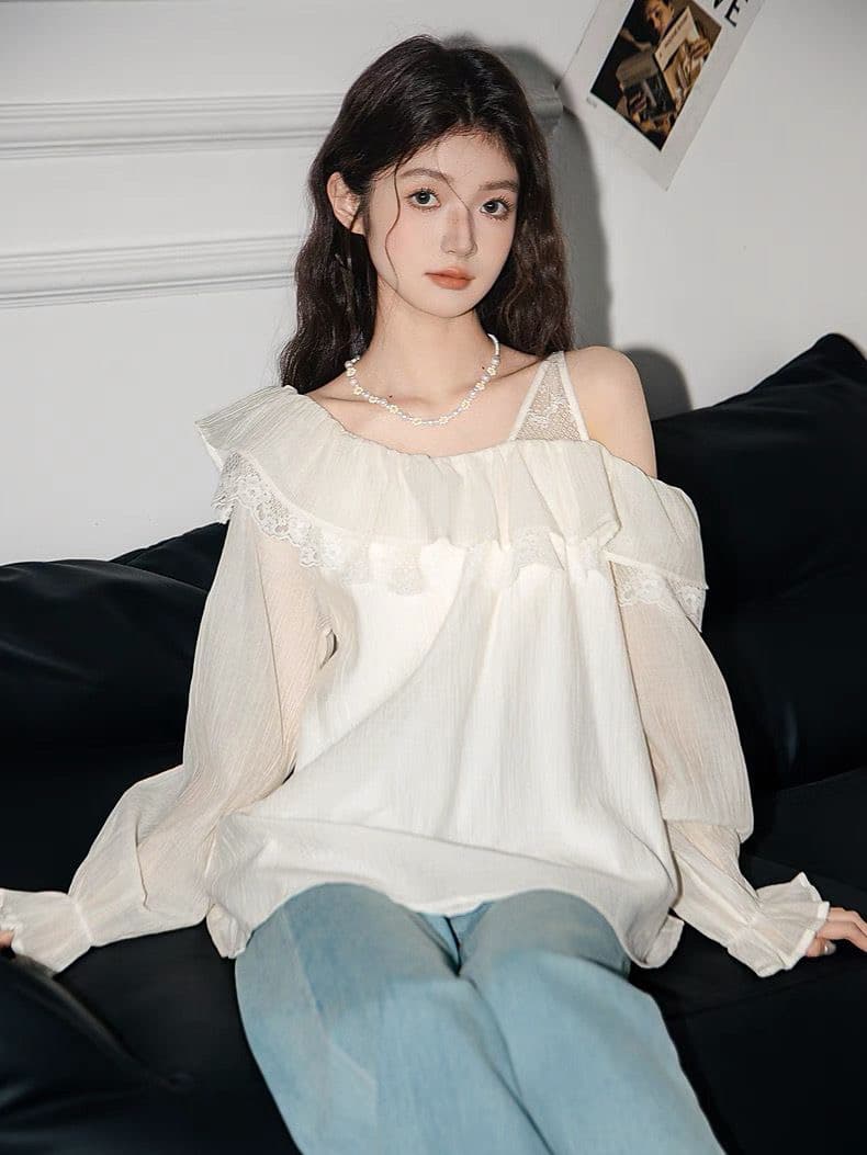 프랑스식 긴팔 시폰 셔츠 여성 2025 봄 가을 새로운 디자인 센스 프릴 루즈핏 연령 감소 기본 셔츠 맨위 트렌디 이미지 2
