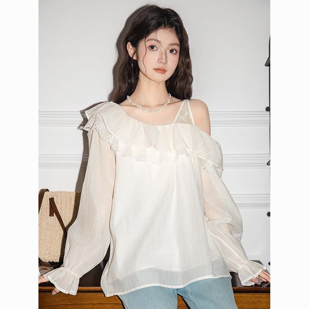 프랑스식 긴팔 시폰 셔츠 여성 2025 봄 가을 새로운 디자인 센스 프릴 루즈핏 연령 감소 기본 셔츠 맨위 트렌디 상세 이미지 1