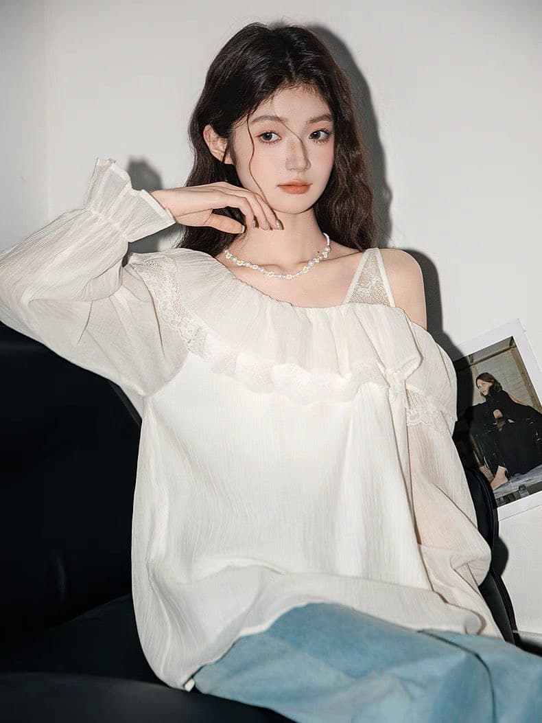 프랑스식 긴팔 시폰 셔츠 여성 2025 봄 가을 새로운 디자인 센스 프릴 루즈핏 연령 감소 기본 셔츠 맨위 트렌디 상세 이미지 4