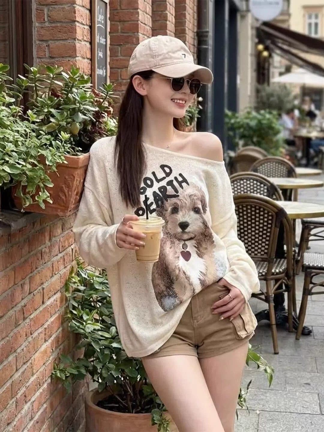 한 부서 핫걸 비스듬한 어깨 강아지 프린트 긴팔 티셔츠 여성 여름 새로운 느긋한 바람 캐주얼 루즈핏 자외선 차단 맨위 상세 이미지 1
