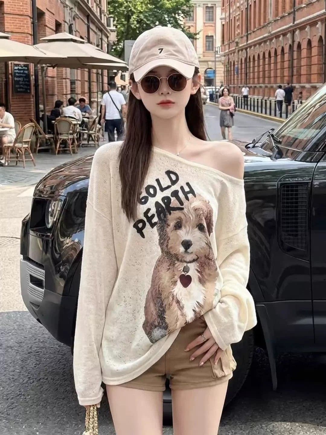 한 부서 핫걸 비스듬한 어깨 강아지 프린트 긴팔 티셔츠 여성 여름 새로운 느긋한 바람 캐주얼 루즈핏 자외선 차단 맨위 상세 이미지 3