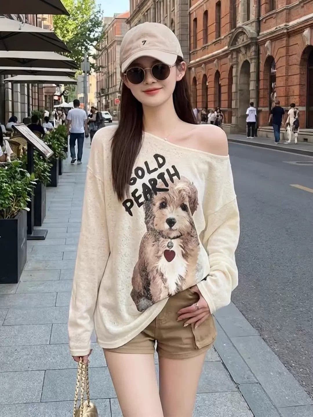 한 부서 핫걸 비스듬한 어깨 강아지 프린트 긴팔 티셔츠 여성 여름 새로운 느긋한 바람 캐주얼 루즈핏 자외선 차단 맨위 상세 이미지 4