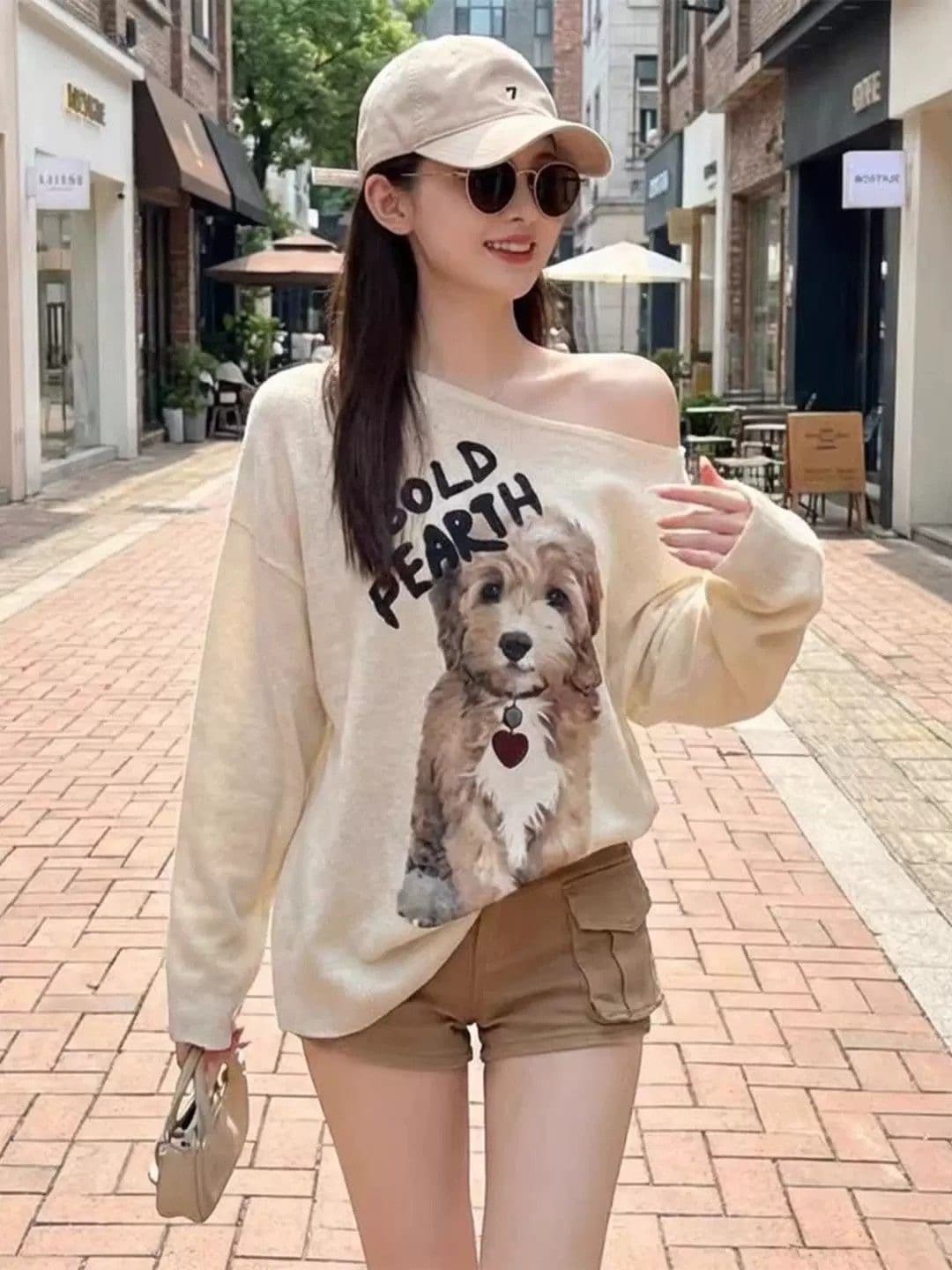 한 부서 핫걸 비스듬한 어깨 강아지 프린트 긴팔 티셔츠 여성 여름 새로운 느긋한 바람 캐주얼 루즈핏 자외선 차단 맨위 상세 이미지 5