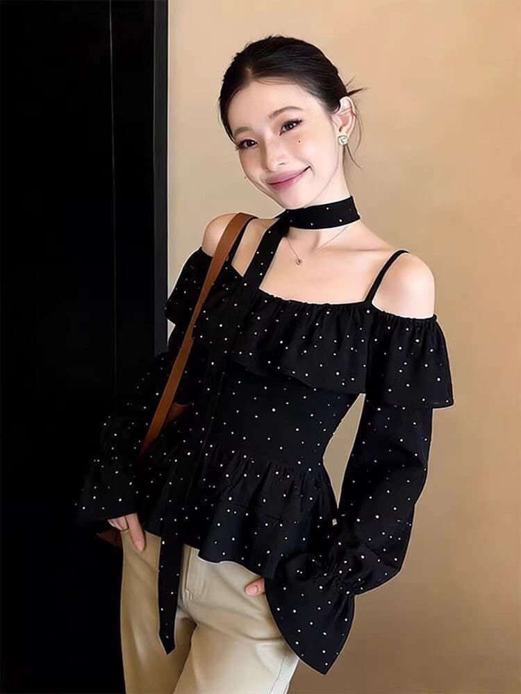 달콤한 매운맛 오프숄더 도트 무늬 나팔 소매 여성 셔츠 봄 프릴 리본 허리 수축 셔츠 품격 오프숄더 맨위 이미지 2