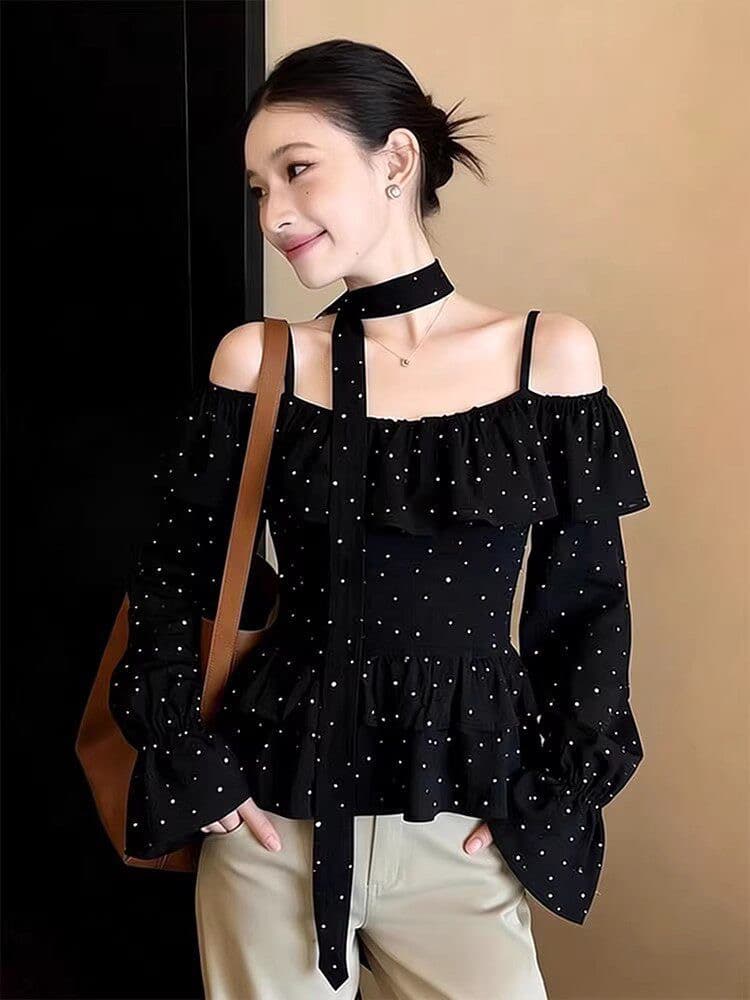 달콤한 매운맛 오프숄더 도트 무늬 나팔 소매 여성 셔츠 봄 프릴 리본 허리 수축 셔츠 품격 오프숄더 맨위 상세 이미지 5