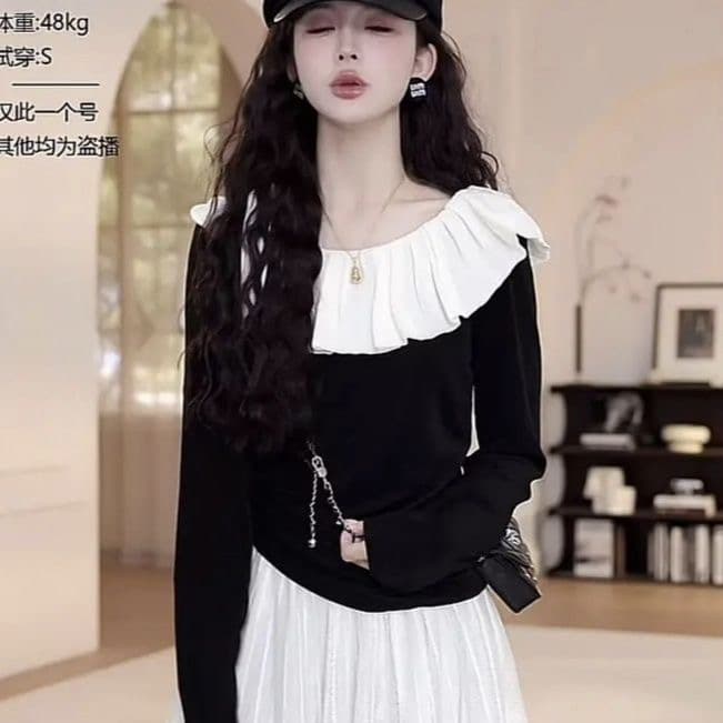 2026 년 봄 새로운 스트라이프 패치워크 오프숄더 비스듬한 착용 긴팔 니트 스웨터 절묘한 몸매 가꾸기 슬림해 보이는 맨위 상세 이미지 5