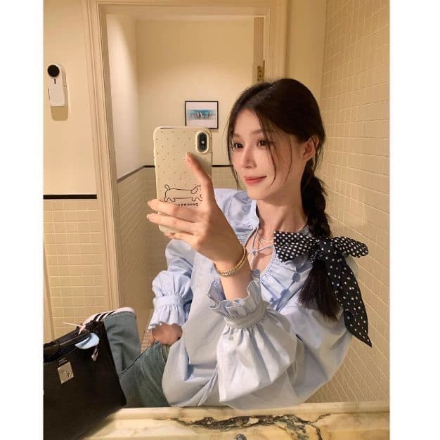 프랑스식 작은 대중 디자인 센스 프릴 스트랩 여성 셔츠 봄 품격 캐주얼 스탠드 칼라 셔츠 디자인 센스 맨위 상세 이미지 3