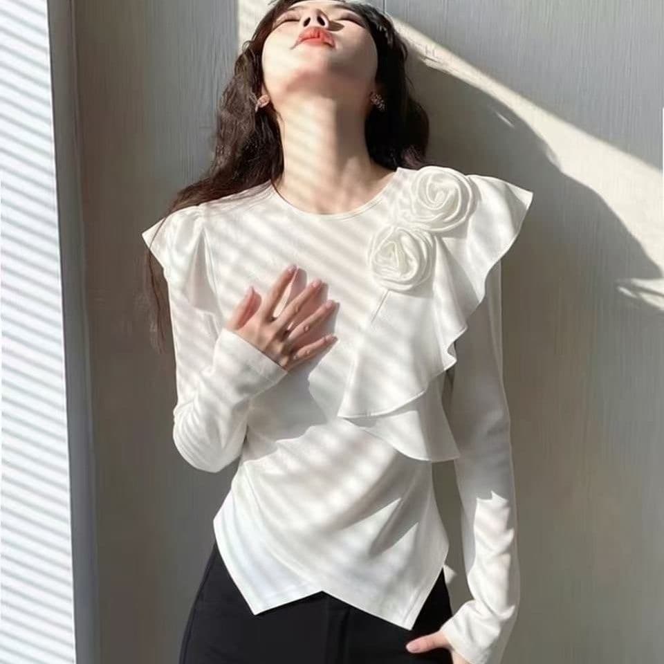 한 부서 3 차원 꽃 디자인 티셔츠 긴팔 유럽 상품 2026 부드러운 새로운 화이트 고급 패션 맨위 이미지 2
