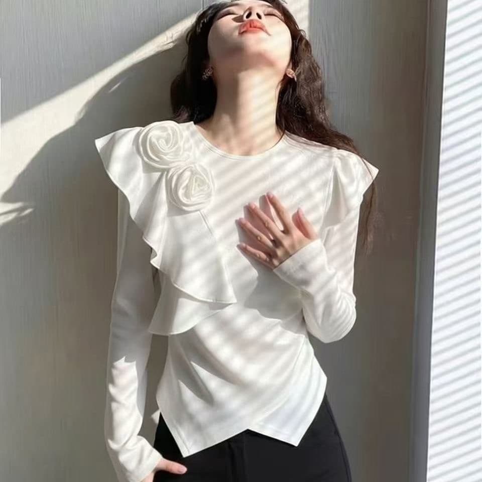 한 부서 3 차원 꽃 디자인 티셔츠 긴팔 유럽 상품 2026 부드러운 새로운 화이트 고급 패션 맨위 이미지 4