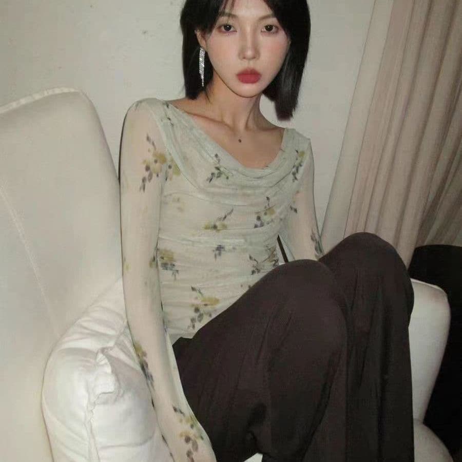 하나 알아보십시오. 그림자 프린트 긴팔 티셔츠 여성 여름 몸매 가꾸기 슬림해 보이는 인사이드 가져 가라. 봄과 가을 맨위 이미지 2