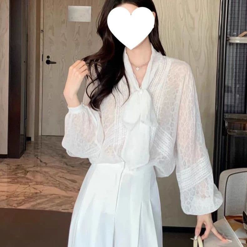 봄 가을 폭발 화이트 레이스업 긴팔 쉬폰 여성 셔츠 프랑스식 부드러운 품격 작은 샤넬 스타일 루즈핏 슬림해 보이는 맨위 이미지 2