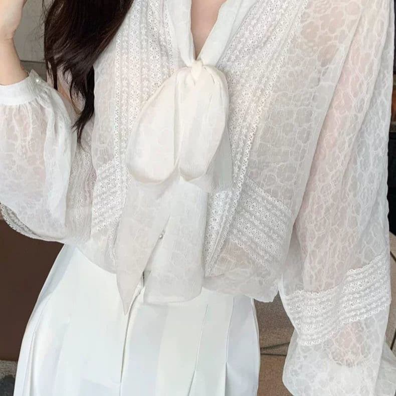 봄 가을 폭발 화이트 레이스업 긴팔 쉬폰 여성 셔츠 프랑스식 부드러운 품격 작은 샤넬 스타일 루즈핏 슬림해 보이는 맨위 이미지 4