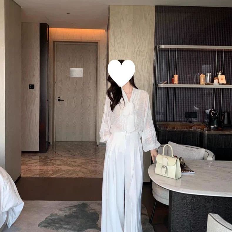 봄 가을 폭발 화이트 레이스업 긴팔 쉬폰 여성 셔츠 프랑스식 부드러운 품격 작은 샤넬 스타일 루즈핏 슬림해 보이는 맨위 상세 이미지 4