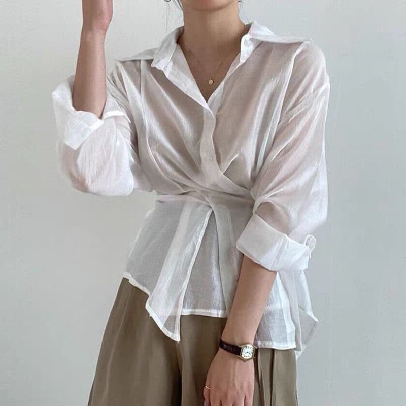 한국 chic 미니멀리즘 품격 폴로 칼라 싱글 줄 버튼 불규칙 레이스업 허리 수축 얇은 스타일 긴팔 자외선 차단 셔츠 맨위
