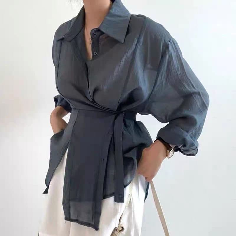 한국 chic 미니멀리즘 품격 폴로 칼라 싱글 줄 버튼 불규칙 레이스업 허리 수축 얇은 스타일 긴팔 자외선 차단 셔츠 맨위 상세 이미지 5