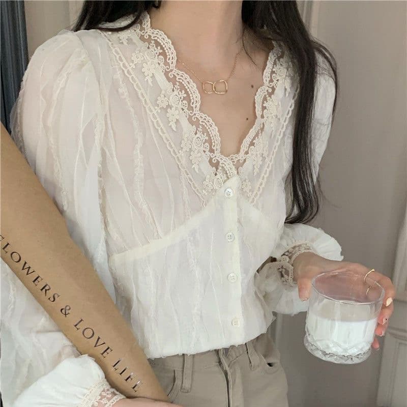 품격 레이스 고급 바지를 입는 셔츠 아름다운 긴팔 Chic 작은 셔츠 달콤함 외국 가스 레이스 쉬폰 톱 이미지 3