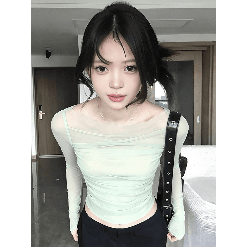 한 부서 오프숄더 망사 긴팔 티셔츠 여성 봄 오프숄더 몸매 가꾸기 품격 기본 셔츠 슬림해 보이는 부드러운 바람 맨위 이미지 5