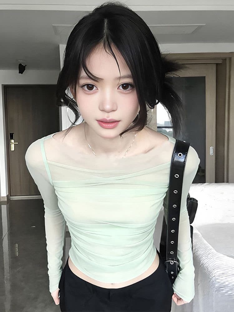 한 부서 오프숄더 망사 긴팔 티셔츠 여성 봄 오프숄더 몸매 가꾸기 품격 기본 셔츠 슬림해 보이는 부드러운 바람 맨위 상세 이미지 2