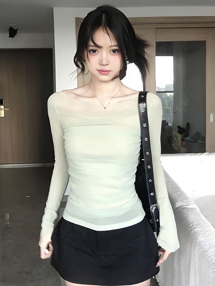 한 부서 오프숄더 망사 긴팔 티셔츠 여성 봄 오프숄더 몸매 가꾸기 품격 기본 셔츠 슬림해 보이는 부드러운 바람 맨위 상세 이미지 4