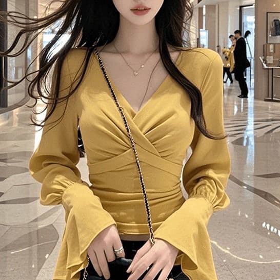 프랑스식 품격 부드러운 바람 십자가 나팔 주름 디자인 긴팔 맨위 여성 이른 가을 몸매 가꾸기 Chic 아름다운 티셔츠 이미지 2