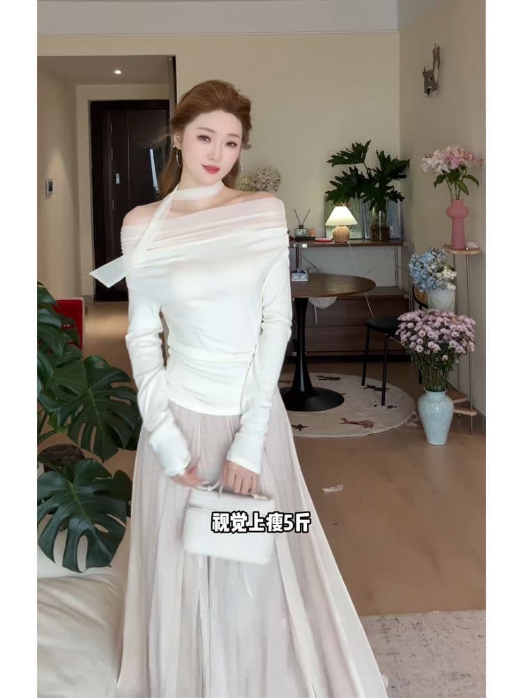 망사 보트넥 패치워크 리본 긴팔 티셔츠 몸매 가꾸기 슬림해 보이는 핫걸 화이트 맨위 쇼트 스타일 어깨 외국 가스 티셔츠 트렌디 상세 이미지 1
