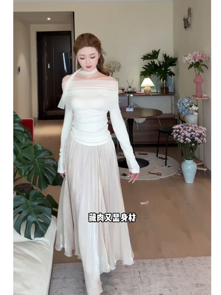 망사 보트넥 패치워크 리본 긴팔 티셔츠 몸매 가꾸기 슬림해 보이는 핫걸 화이트 맨위 쇼트 스타일 어깨 외국 가스 티셔츠 트렌디 상세 이미지 5