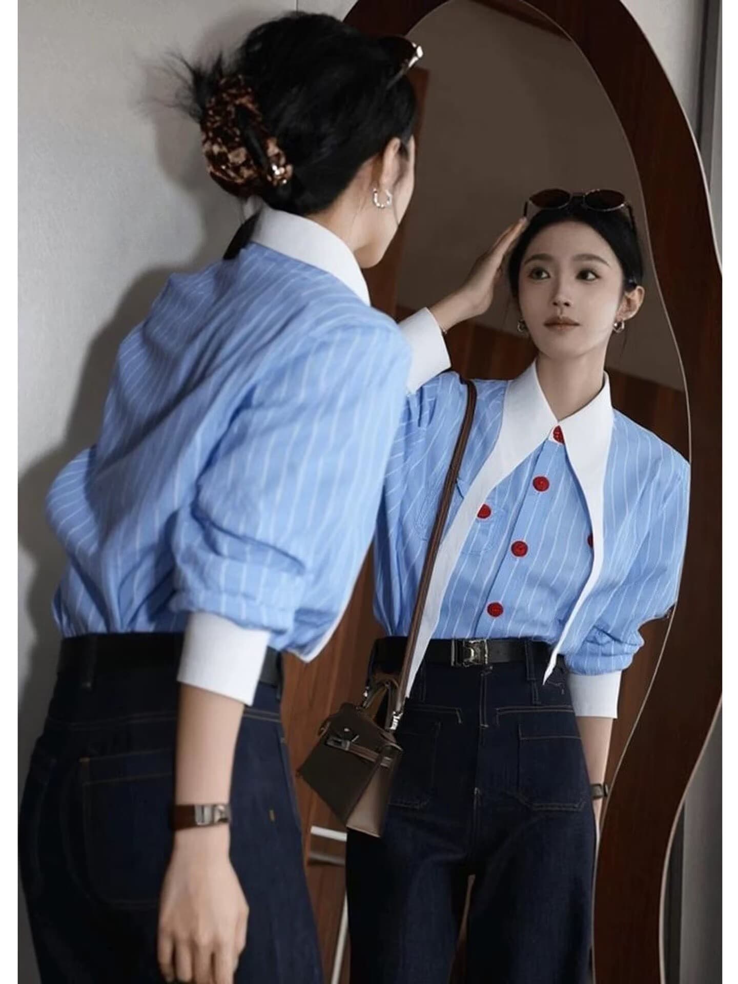 외국 가스 맨위 작은 대중 아니요 명중 섹션 빛 럭셔리 고급 센스 연령 감소 파란색 스트라이프 셔츠 상세 이미지 3