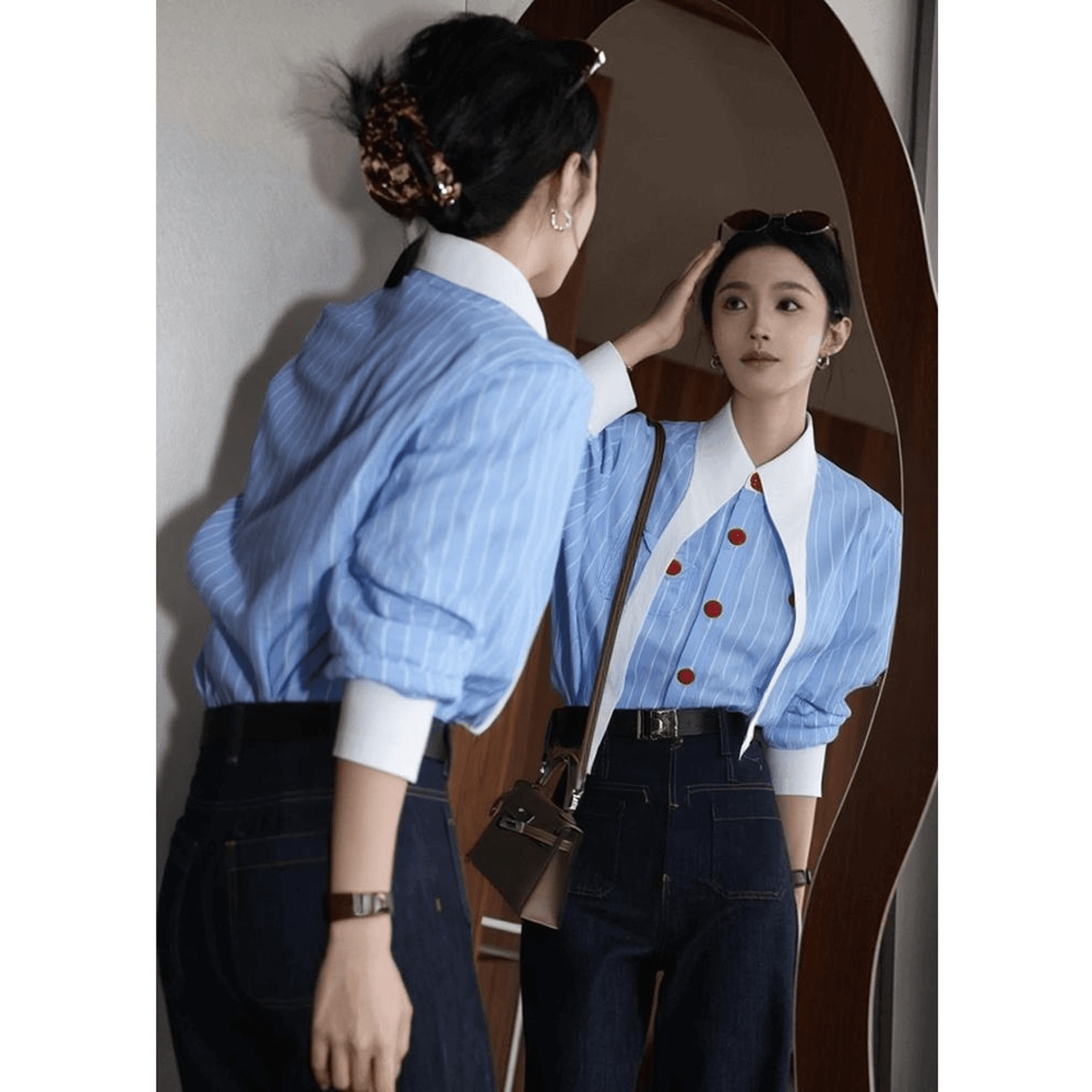 외국 가스 맨위 작은 대중 아니요 명중 섹션 빛 럭셔리 고급 센스 연령 감소 파란색 스트라이프 셔츠 이미지 5