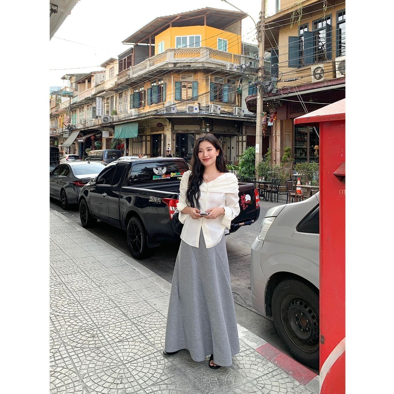 오프숄더 화이트 여성 셔츠 조기 봄 새로운 긴팔 맨위 디자인 센스 작은 대중 셔츠 상세 이미지 5