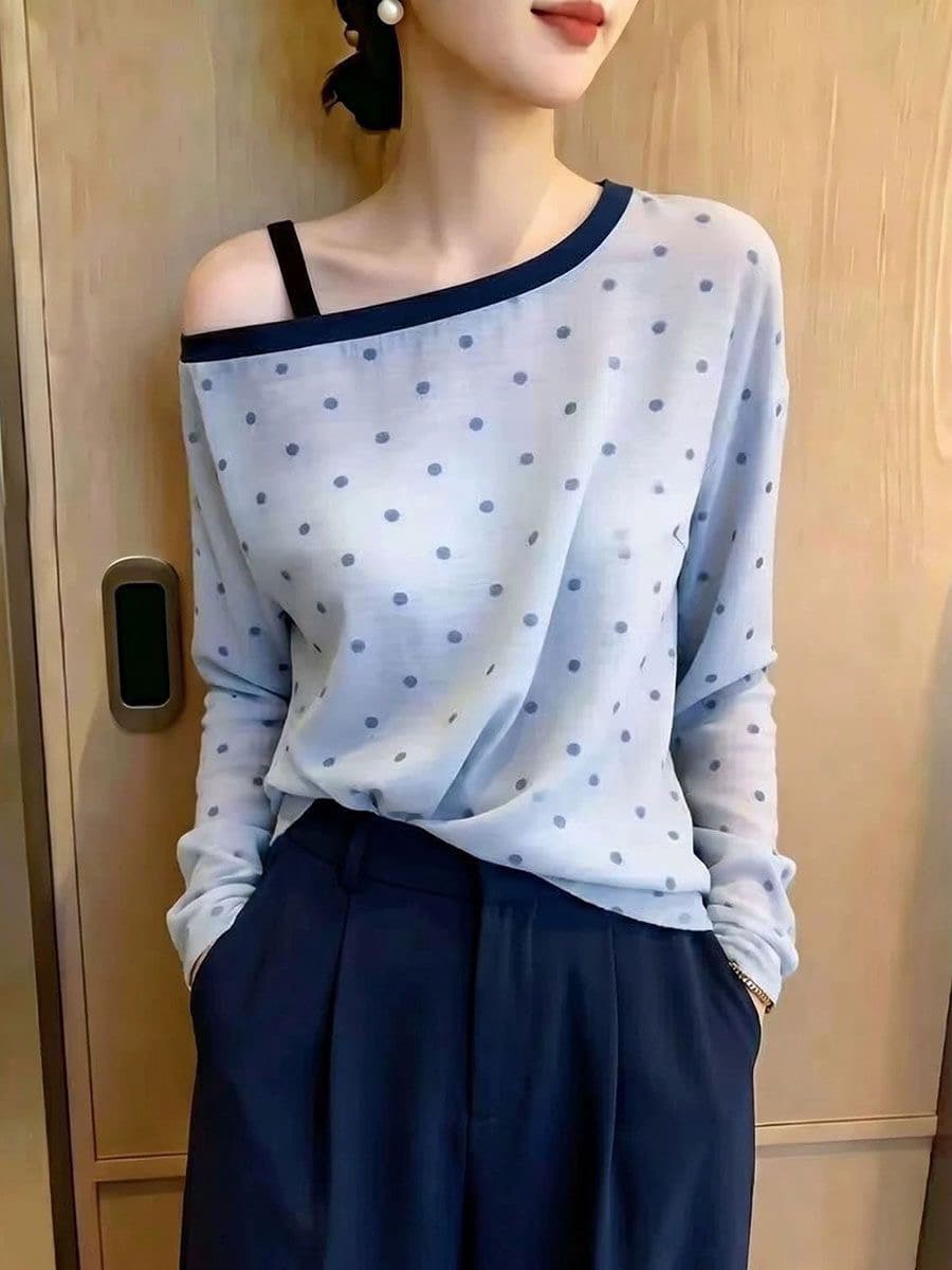 파란색 캐주얼 품격 다용도 티셔츠 패션 도트 무늬 프린트 홀로우 아웃 오프숄더 자외선 차단 블라우스 에어컨 작은 셔츠 맨위 상세 이미지 2