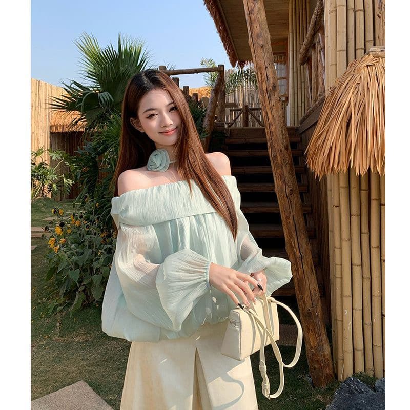 새로운 루즈핏 꽃 오프숄더 품격 맨위 봄 꽃밭 긴팔 셔츠 다용도 작은 대중 외출용 슈퍼 폭발