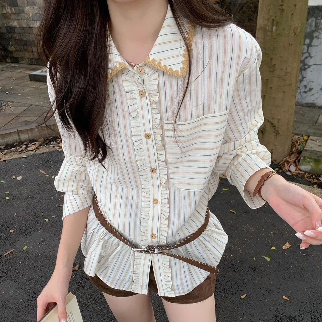 한 부서 허리 수축 스트라이프 디자인 센스 긴팔 셔츠 봄 스트라이프 품격 슬림해 보이는 셔츠 허리 수축 셔츠 맨위 상세 이미지 1