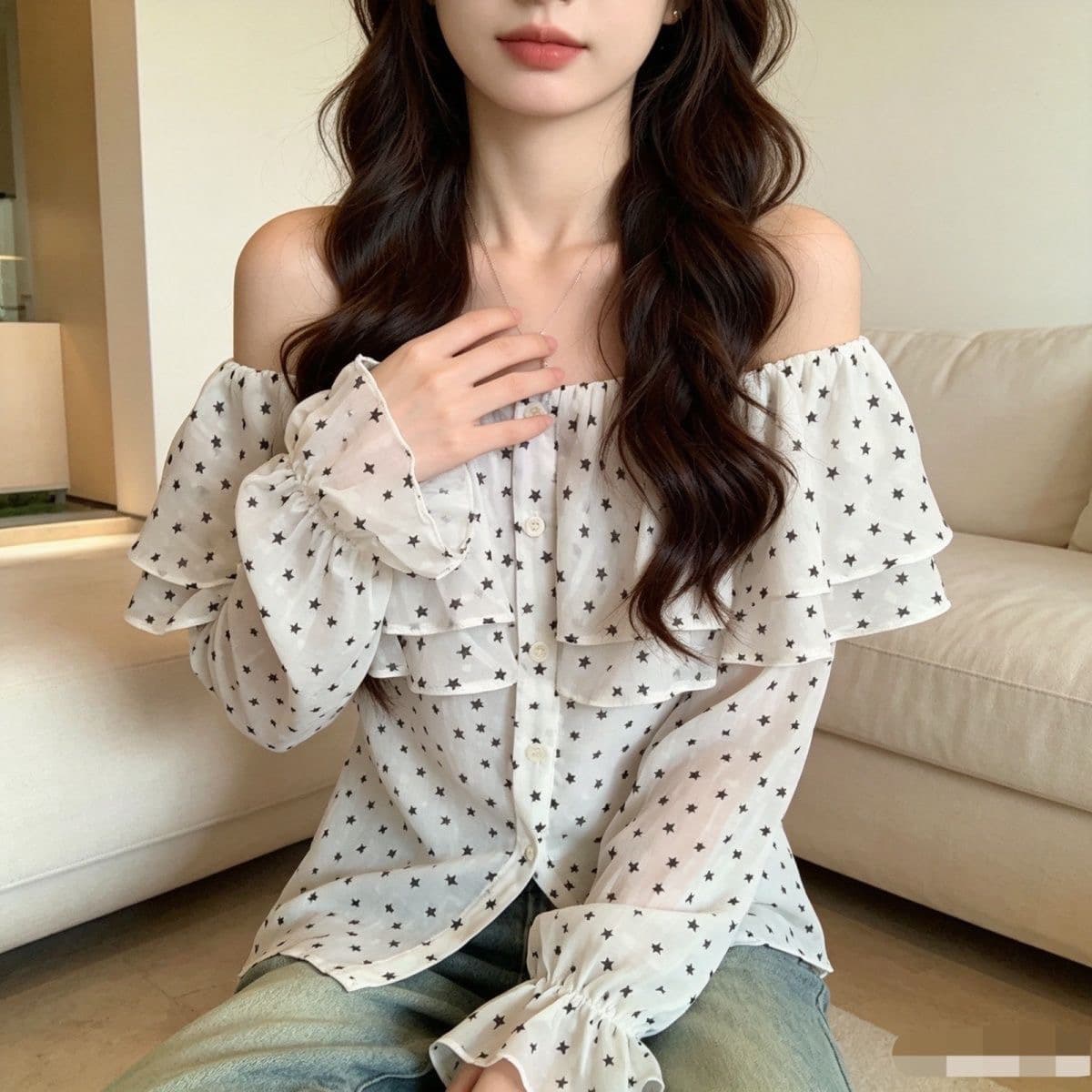 박하 남자 웨이브 셔츠 루즈핏 슬림해 보이는 고급 달콤함 프린트 맨위 패션 품격 슬림해 보이는 셔츠 프랑스식 이미지 4