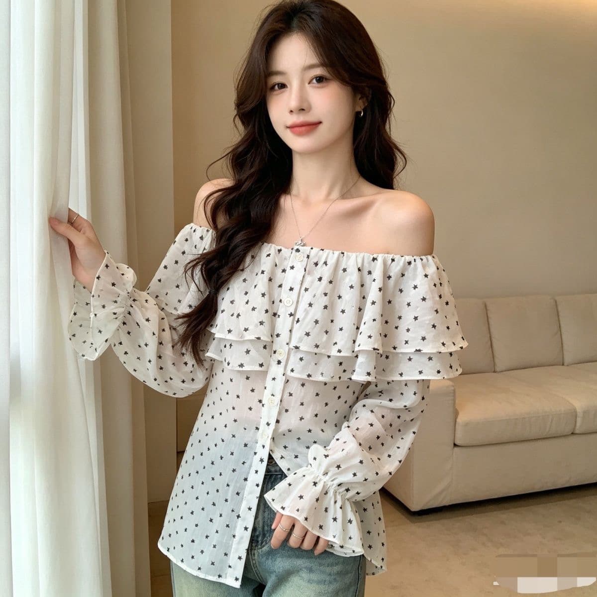 박하 남자 웨이브 셔츠 루즈핏 슬림해 보이는 고급 달콤함 프린트 맨위 패션 품격 슬림해 보이는 셔츠 프랑스식 상세 이미지 3