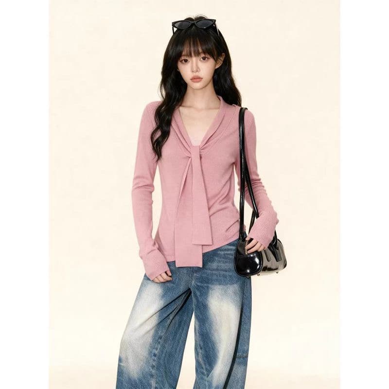 미니멀리즘 출퇴근 긴팔 맨위 여성 프랑스식 레트로 패션 다용도 티셔츠 작은 대중 Chic 페이크 레이어드 스트랩 디자인 이미지 2