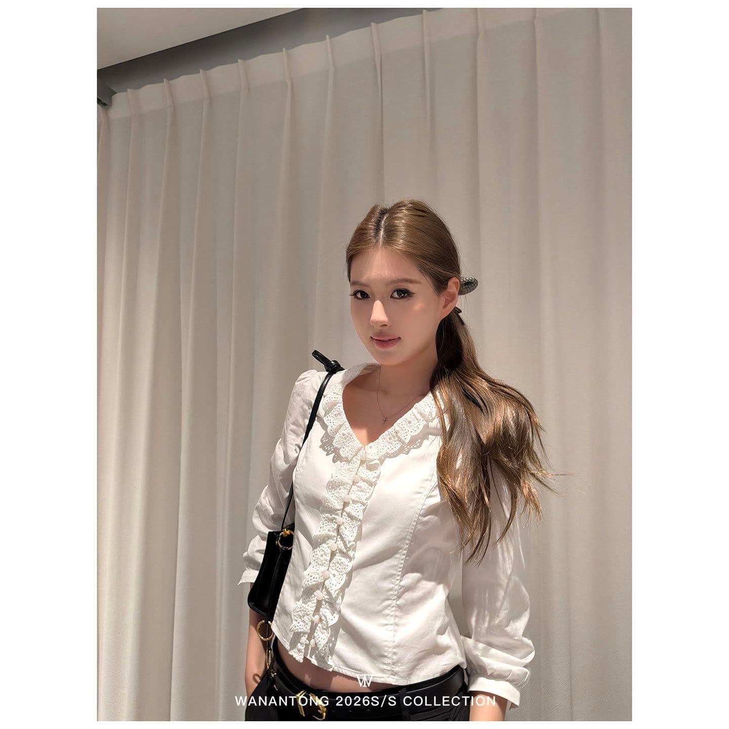 wanantong 도시 동백 나무 기타 자르다 조각 있음 포인트 메소드 ~ 중 레이스 작은 셔츠 여성 봄 맨위 이미지 4