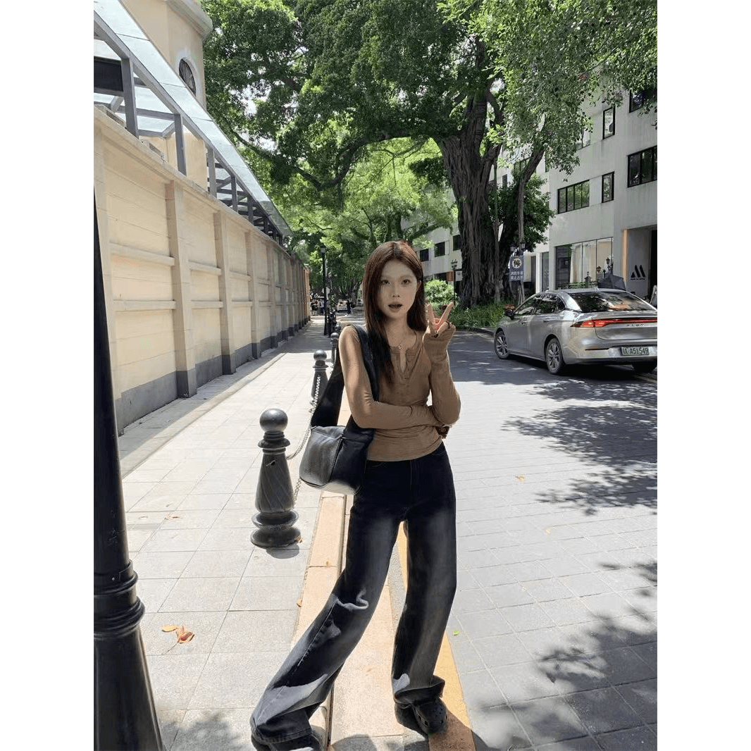 보라색 긍정적 인 어깨 긴팔 티셔츠 여성 몸매 가꾸기 2023 새로운 봄 가을 타이트 기본 셔츠 작은 키 쇼트 스타일 맨위 이미지 5