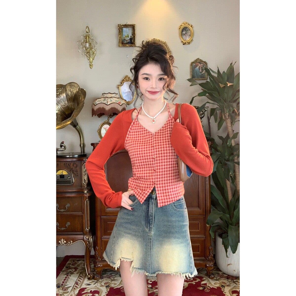 항구 바람 레트로 분위기 센스 섹시함 행침 목 체크무늬 패치워크 페이크 레이어드 여성 가을 슬림해 보이는 다용도 몸매 가꾸기 맨위 이미지 3