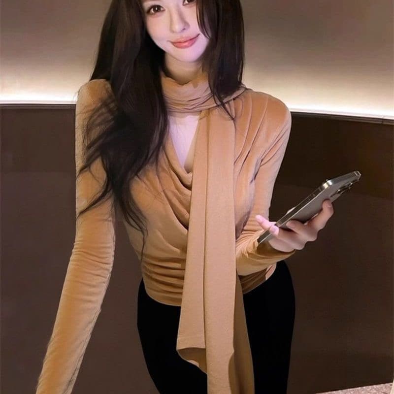 고급 외국 가스 흔들다 칼라 목도리 리본 벨벳 긴팔 티셔츠 기본 셔츠 가을과 겨울 작은 대중 단색 다용도 맨위 상세 이미지 1