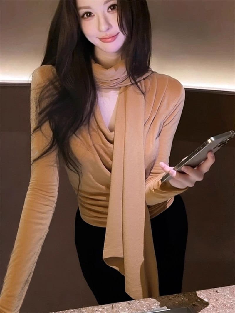 고급 외국 가스 흔들다 칼라 목도리 리본 벨벳 긴팔 티셔츠 기본 셔츠 가을과 겨울 작은 대중 단색 다용도 맨위 상세 이미지 5