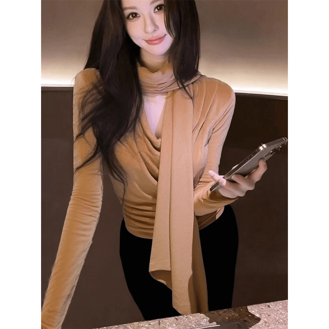 고급 외국 가스 흔들다 칼라 목도리 리본 벨벳 긴팔 티셔츠 기본 셔츠 가을과 겨울 작은 대중 단색 다용도 맨위 이미지 5
