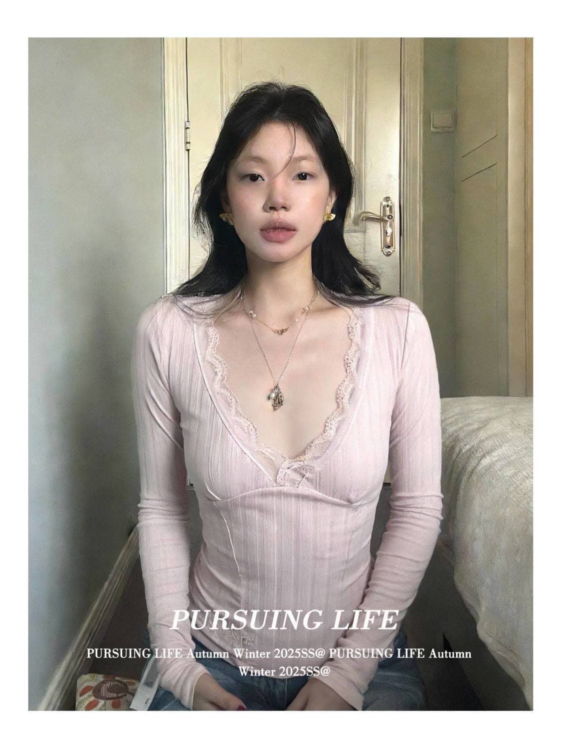 프랑스식 핫걸 V넥 긴팔 티셔츠 여성 이른 봄 착용 가져 가라. 핑크색 레이스 디자인 센스 기본 셔츠 몸매 가꾸기 슬림해 보이는 맨위 상세 이미지 1