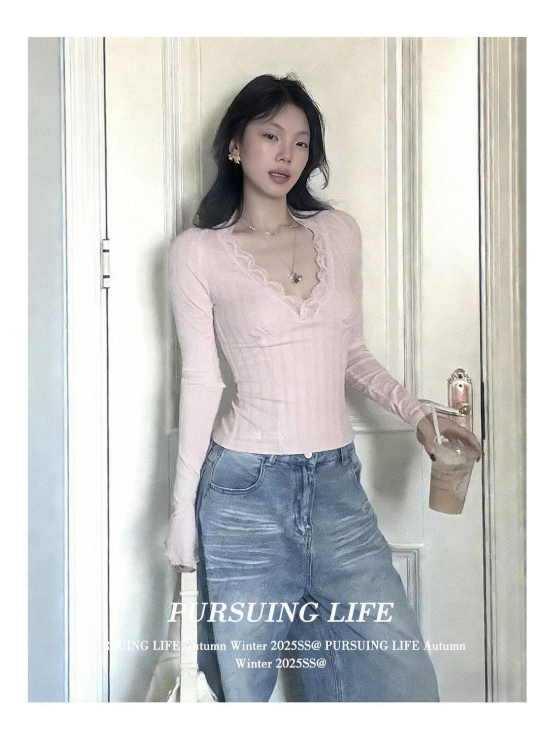 프랑스식 핫걸 V넥 긴팔 티셔츠 여성 이른 봄 착용 가져 가라. 핑크색 레이스 디자인 센스 기본 셔츠 몸매 가꾸기 슬림해 보이는 맨위 상세 이미지 3