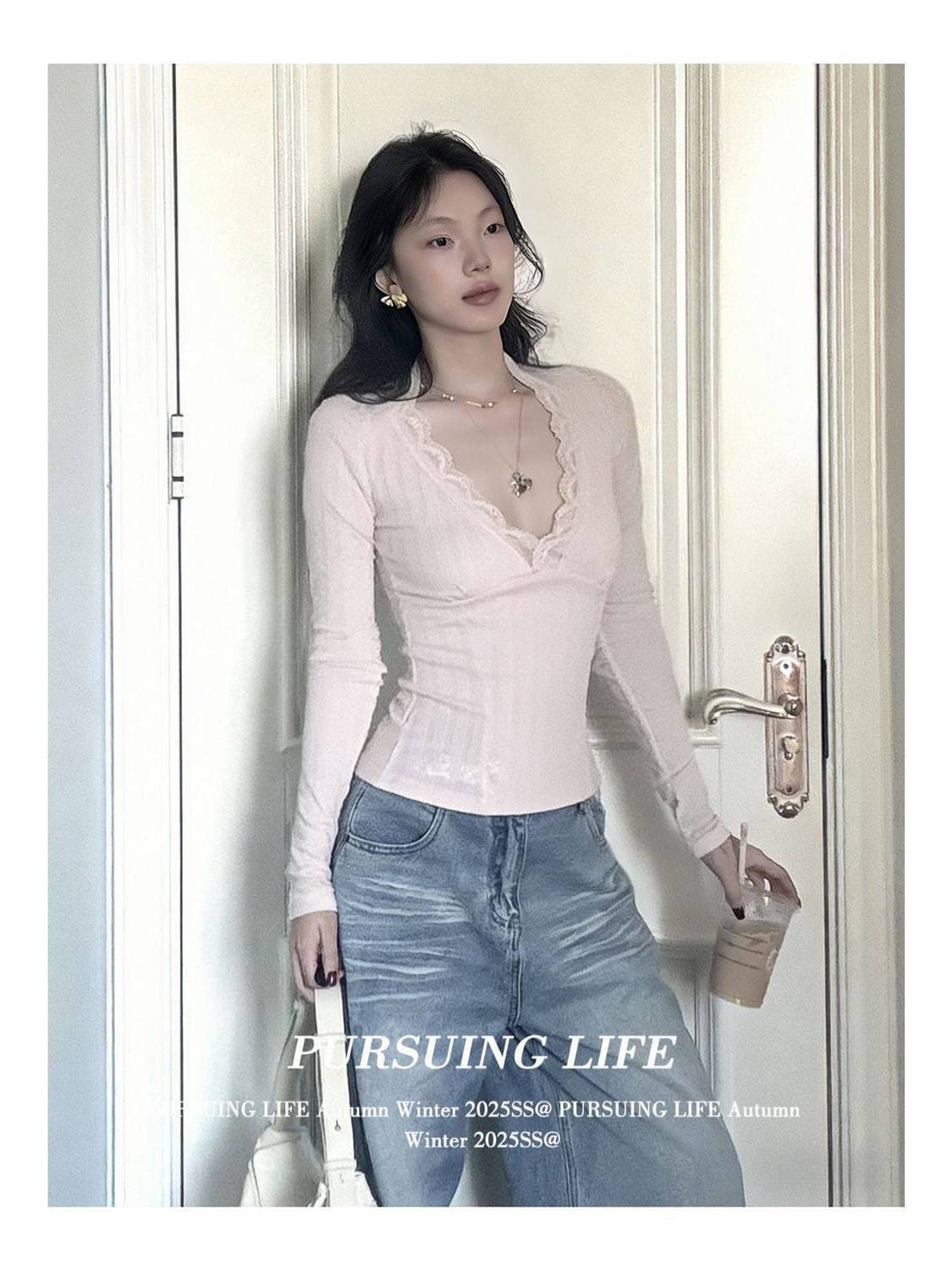 프랑스식 핫걸 V넥 긴팔 티셔츠 여성 이른 봄 착용 가져 가라. 핑크색 레이스 디자인 센스 기본 셔츠 몸매 가꾸기 슬림해 보이는 맨위 상세 이미지 4