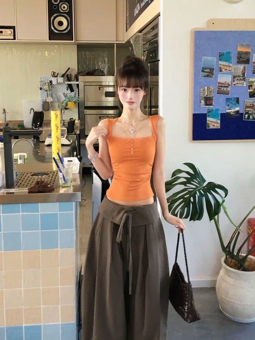 한 부서 달콤한 매운맛 오프숄더 도트 무늬 캐미솔 여름 좋은 면 인사이드 가져 가라. 만나는 슬림해 보이는 몸매 가꾸기 외출용 맨위 상세 이미지 2