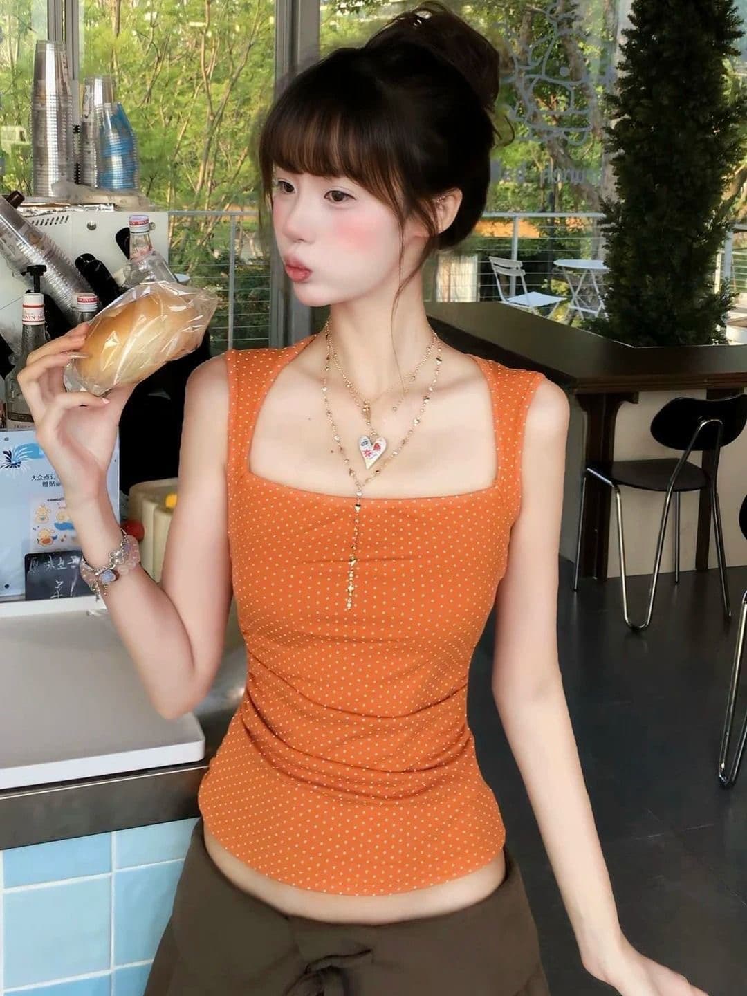 한 부서 달콤한 매운맛 오프숄더 도트 무늬 캐미솔 여름 좋은 면 인사이드 가져 가라. 만나는 슬림해 보이는 몸매 가꾸기 외출용 맨위 상세 이미지 4