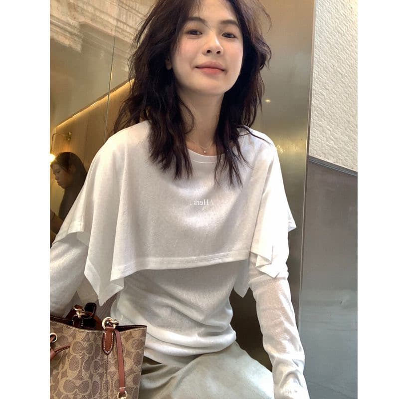 순면 유럽 역 봄 가을 새로운 유럽 상품 망토 패치워크 페이크 레이어드 디자인 센스 패션 슬림해 보이는 국방 사이 티셔츠 여성 이미지 4