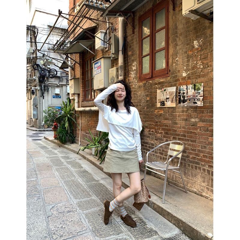 순면 유럽 역 봄 가을 새로운 유럽 상품 망토 패치워크 페이크 레이어드 디자인 센스 패션 슬림해 보이는 국방 사이 티셔츠 여성 상세 이미지 3